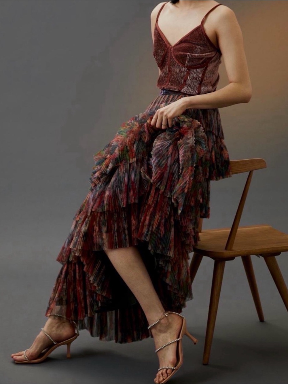 Hutch Burgundy Multi‑Tone Layered Ruffle Pleated Skirt.